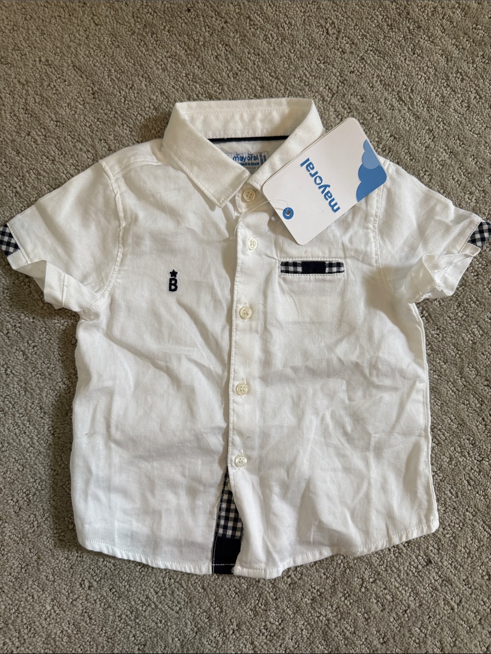 Mayoral Baby Boy White Short-Sleeve Button-Down Shirt with Navy Check Trim